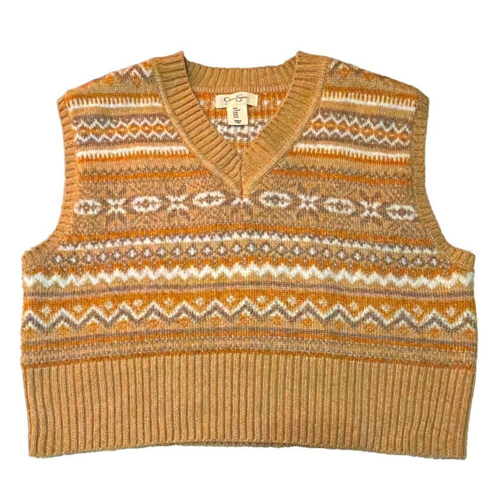 Jessica Simpson Women Beige Fair Isle V-Neck Sleeveless Knit Sweater Vest M